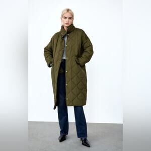 Zara Longline Diamond Quilted Water Repellent Puffer Jacket Olive Green Size Med
